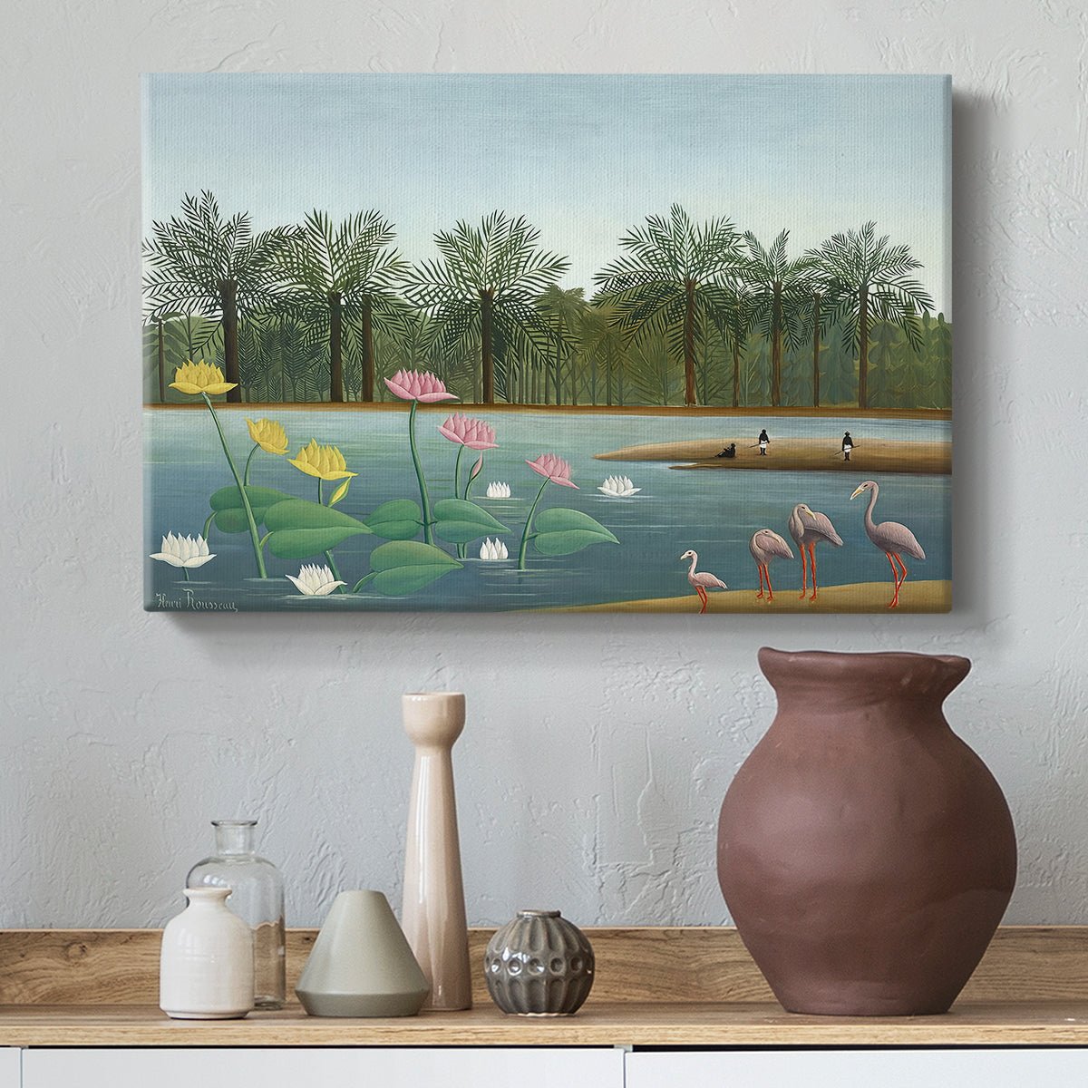 Canvas art print featuring a stylized composition of flamingos in natural setting, styled above a decorative console
