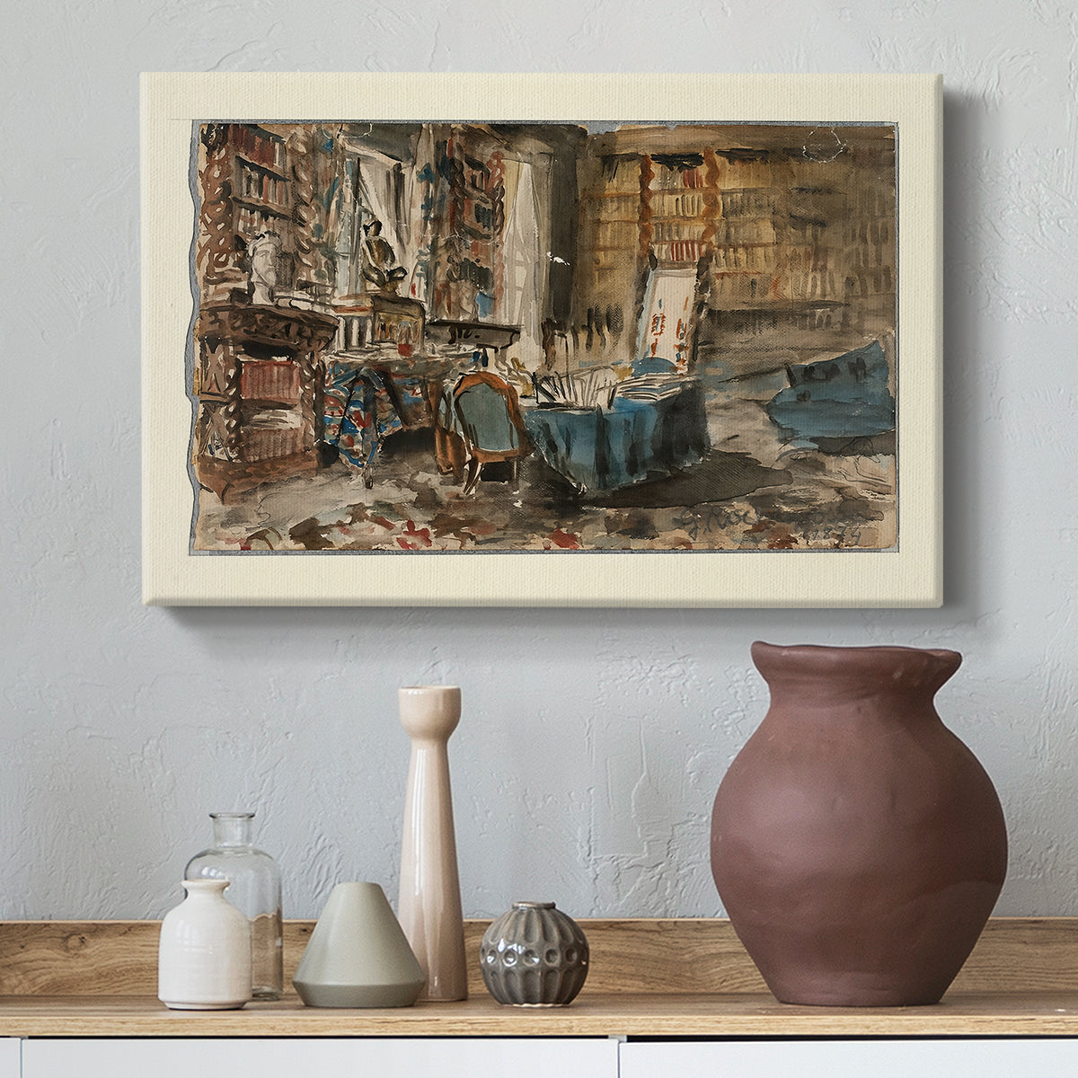 Canvas art print featuring a richly detailed room interior with literary atmosphere, styled above a decorative console