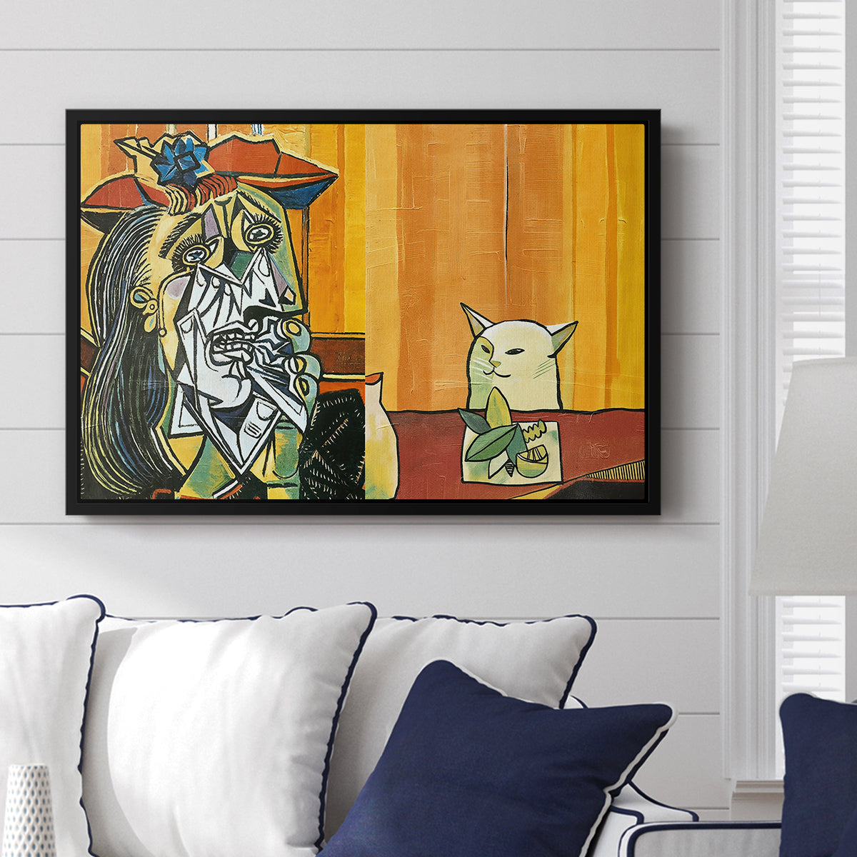 Woman Yelling at a Cat Meme (Picasso Parody) - Floater Framed Canvas Print