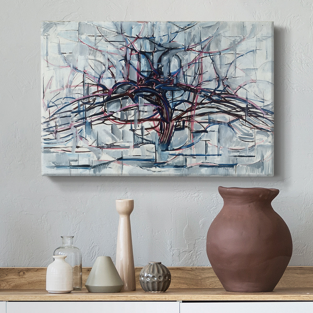 Canvas art print featuring a stylized linear tree, styled above a decorative console