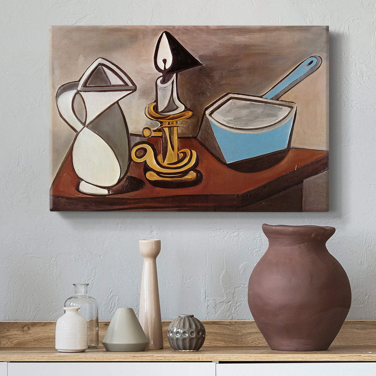 Canvas art print featuring an expressive arrangement of items, styled above a decorative console