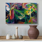 Canvas art print featuring an abstract scene combining deer forms with architectural elements, styled above a decorative console