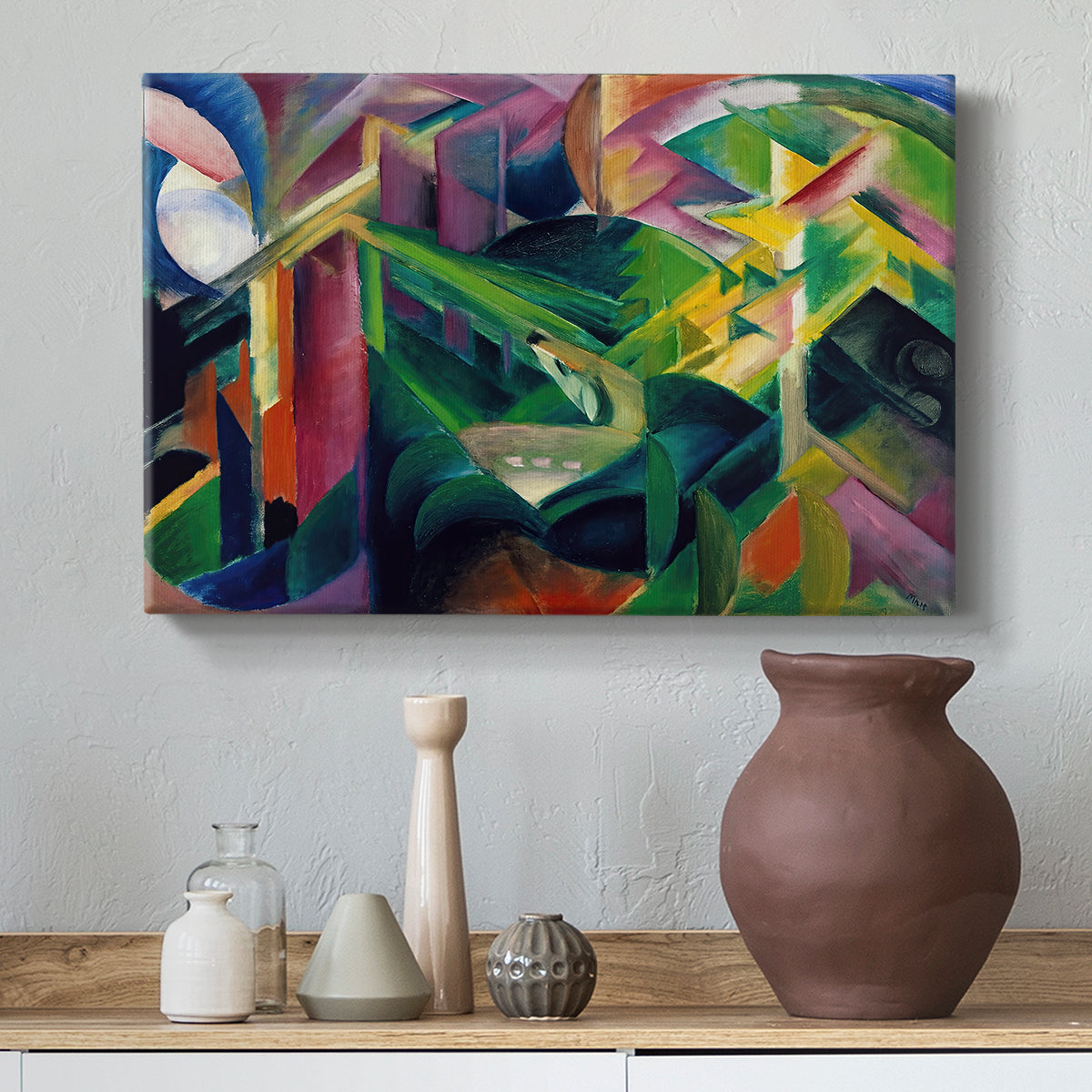 Canvas art print featuring an abstract scene combining deer forms with architectural elements, styled above a decorative console