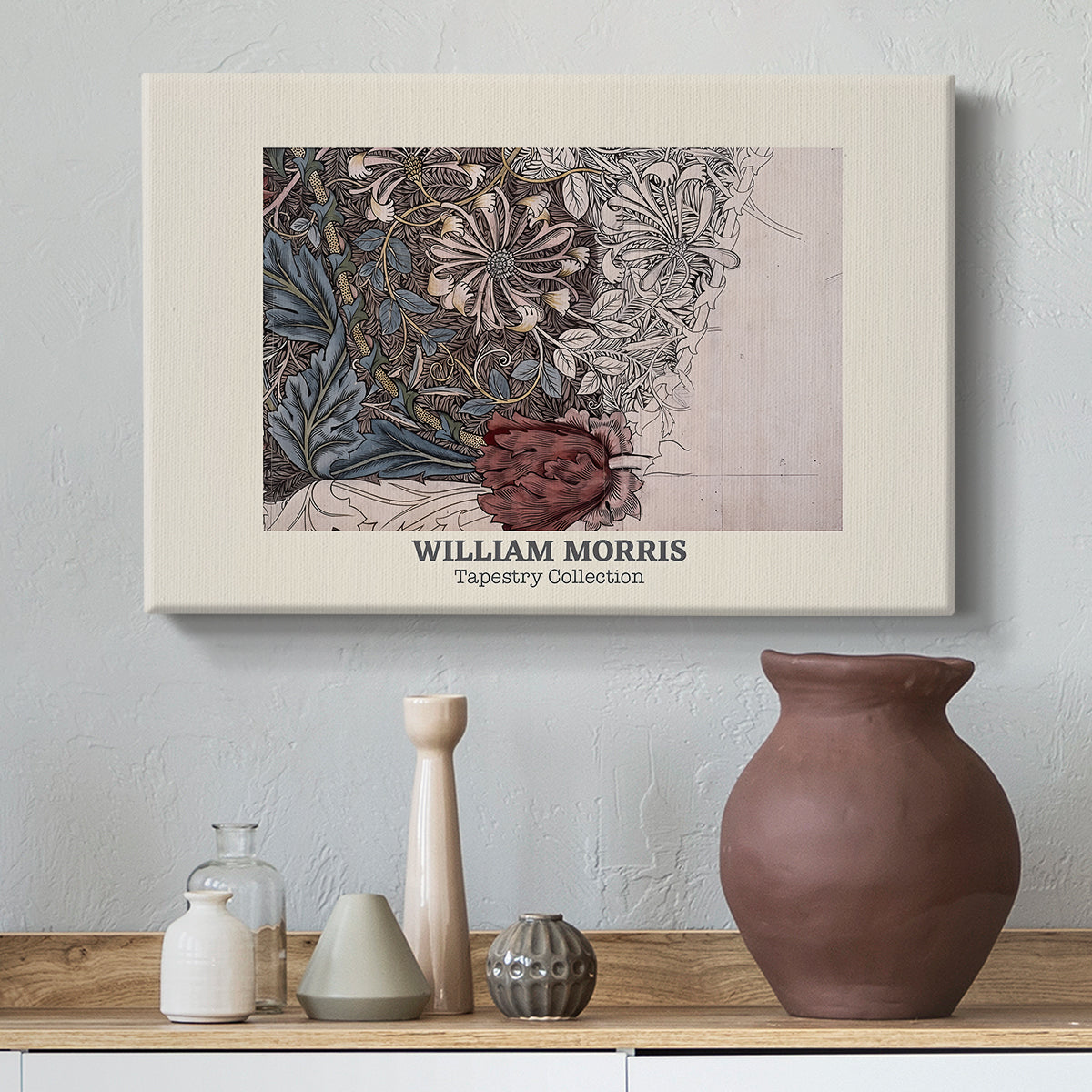 Canvas art print featuring a tapestry-style design with symmetrical botanical elements, styled above a decorative console