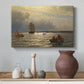Canvas art print featuring a coastal landscape with boats resting on quiet water, styled above a decorative console