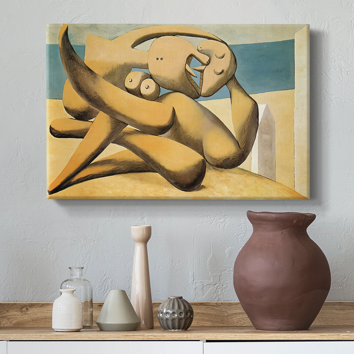 Canvas art print featuring a geometric interpretation of figures in coastal setting, styled above a decorative console