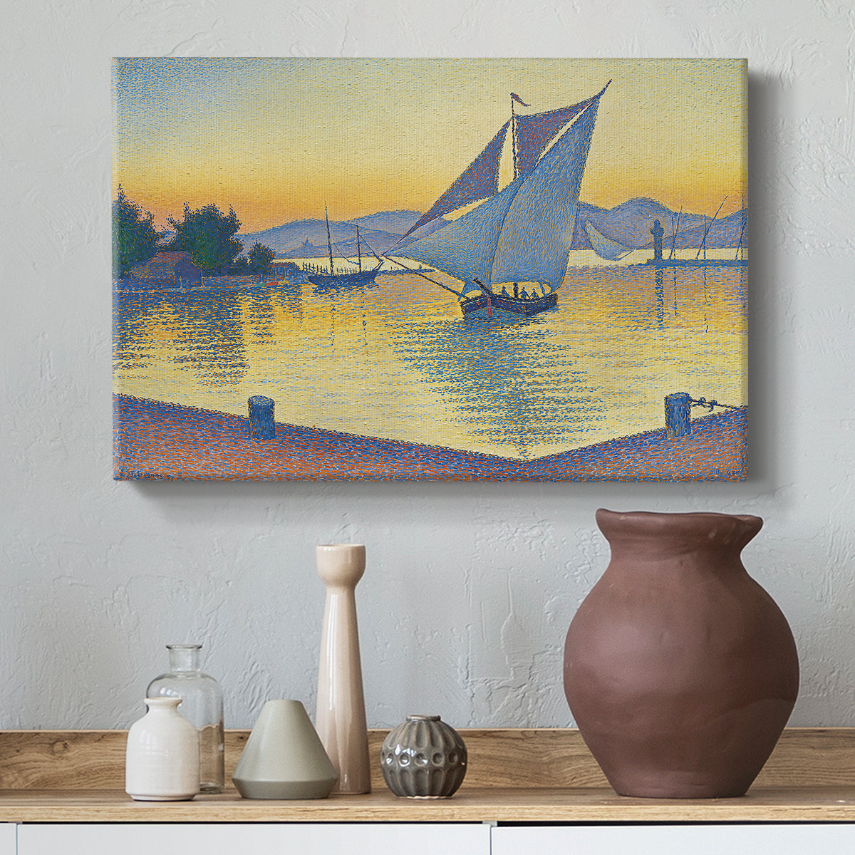 Canvas art print featuring a pointillist sunset composition with sailboats , styled above a decorative console