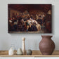 Canvas art print featuring a traditional funeral gathering with figures eating and conversing in hall, styled above a decorative console