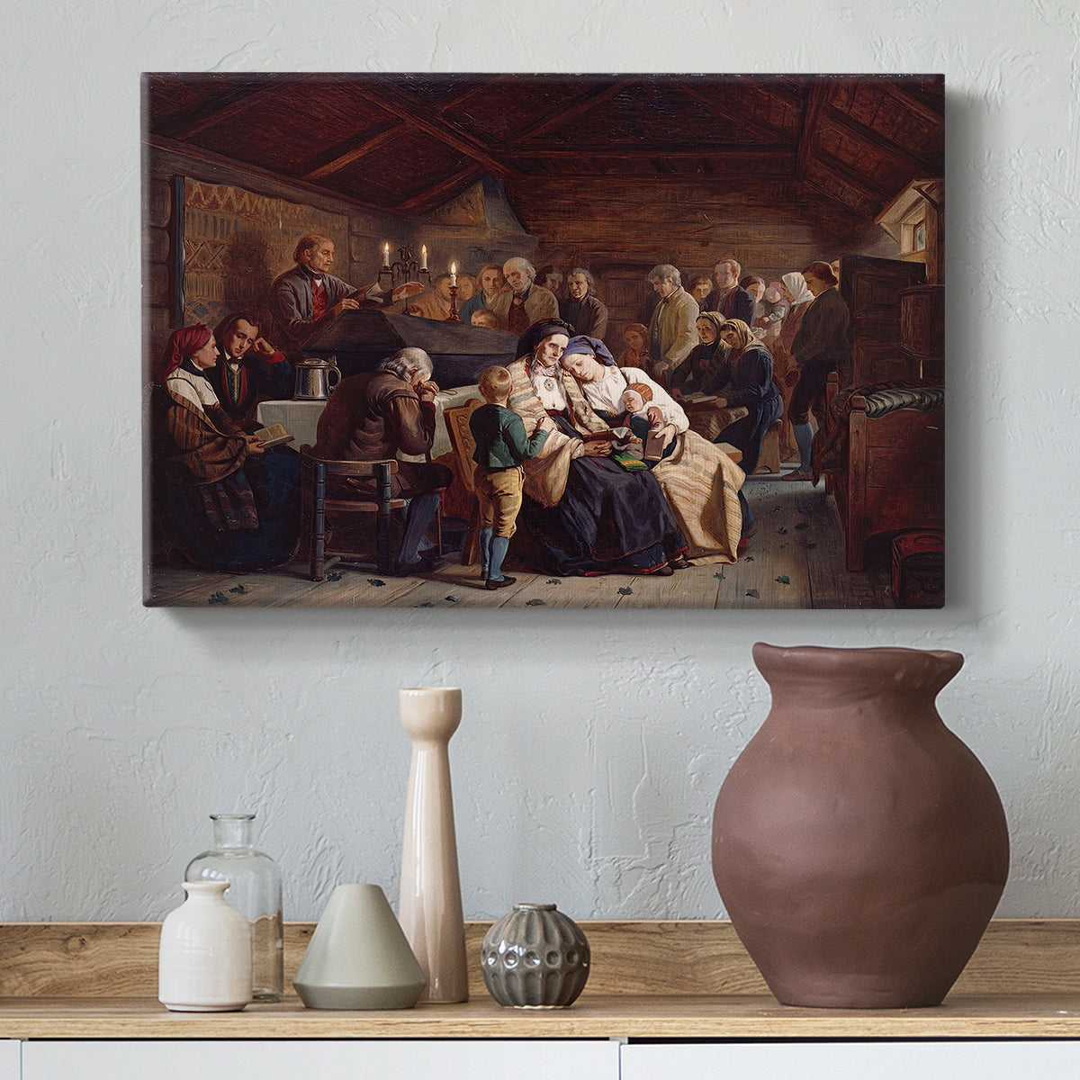 Canvas art print featuring a traditional funeral gathering with figures eating and conversing in hall, styled above a decorative console
