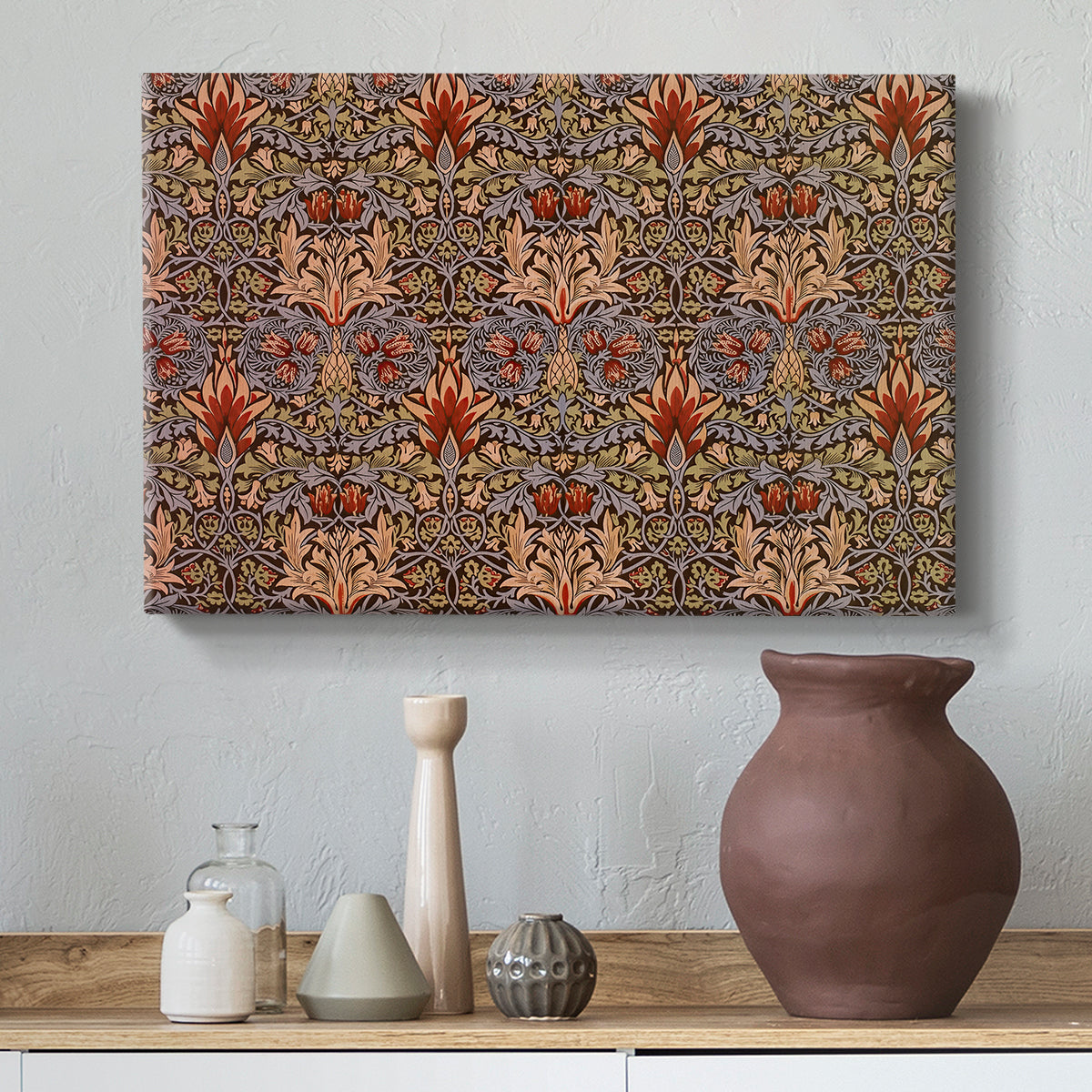 Canvas art print featuring a patterned composition with repeated blossoms and leaves, styled above a decorative console