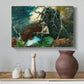 Canvas art print featuring an outdoor composition showing campsite within dense forest, styled above a decorative console