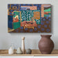 Canvas art print featuring an expressive interior scene with vegetables and bold pattern, styled above a decorative console