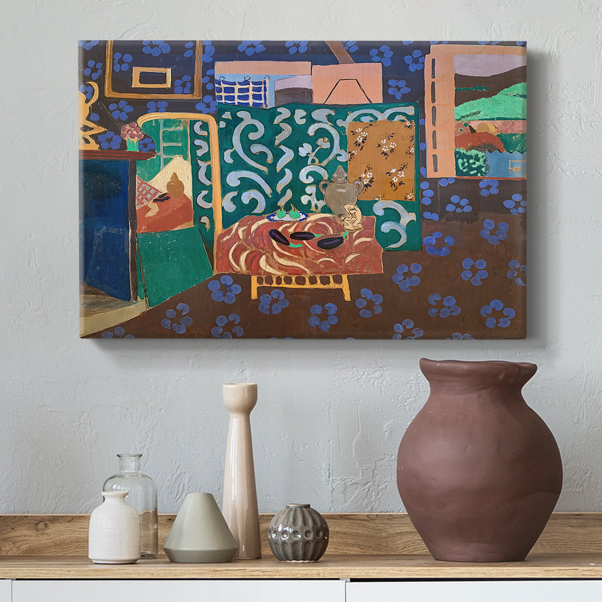 Canvas art print featuring an expressive interior scene with vegetables and bold pattern, styled above a decorative console