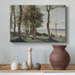 Canvas art print featuring a soft landscape combining nature and spiritual monument, styled above a decorative console