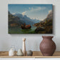 Canvas art print featuring a scenic fjord landscape with figures in boats celebrating a bridal procession, styled above a decorative console