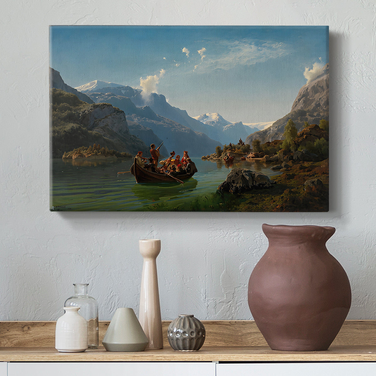 Canvas art print featuring a scenic fjord landscape with figures in boats celebrating a bridal procession, styled above a decorative console