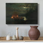 Canvas art print featuring a tranquil lake setting with figures engaged in traditional fishing, styled above a decorative console