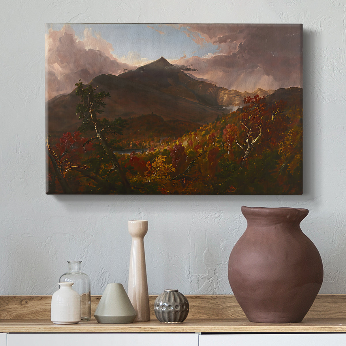 Canvas art print featuring an expressive composition highlighting light after storm, styled above a decorative console
