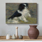 Canvas art print featuring a close-up of a small dog in motion surrounded by rippling water, styled above a decorative console