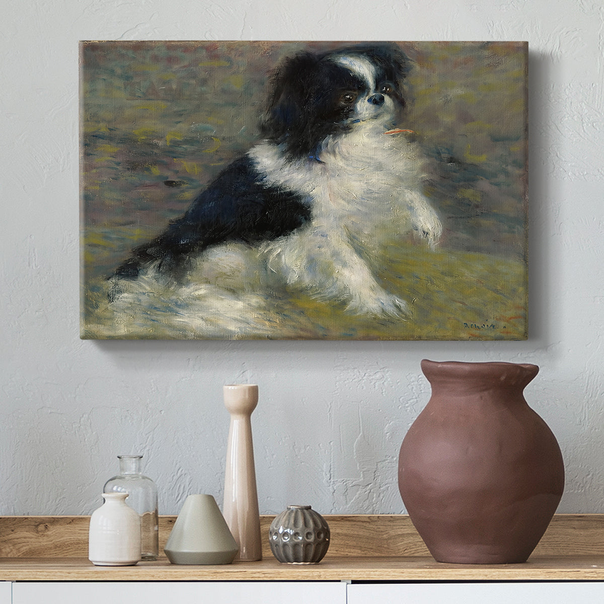 Canvas art print featuring a close-up of a small dog in motion surrounded by rippling water, styled above a decorative console