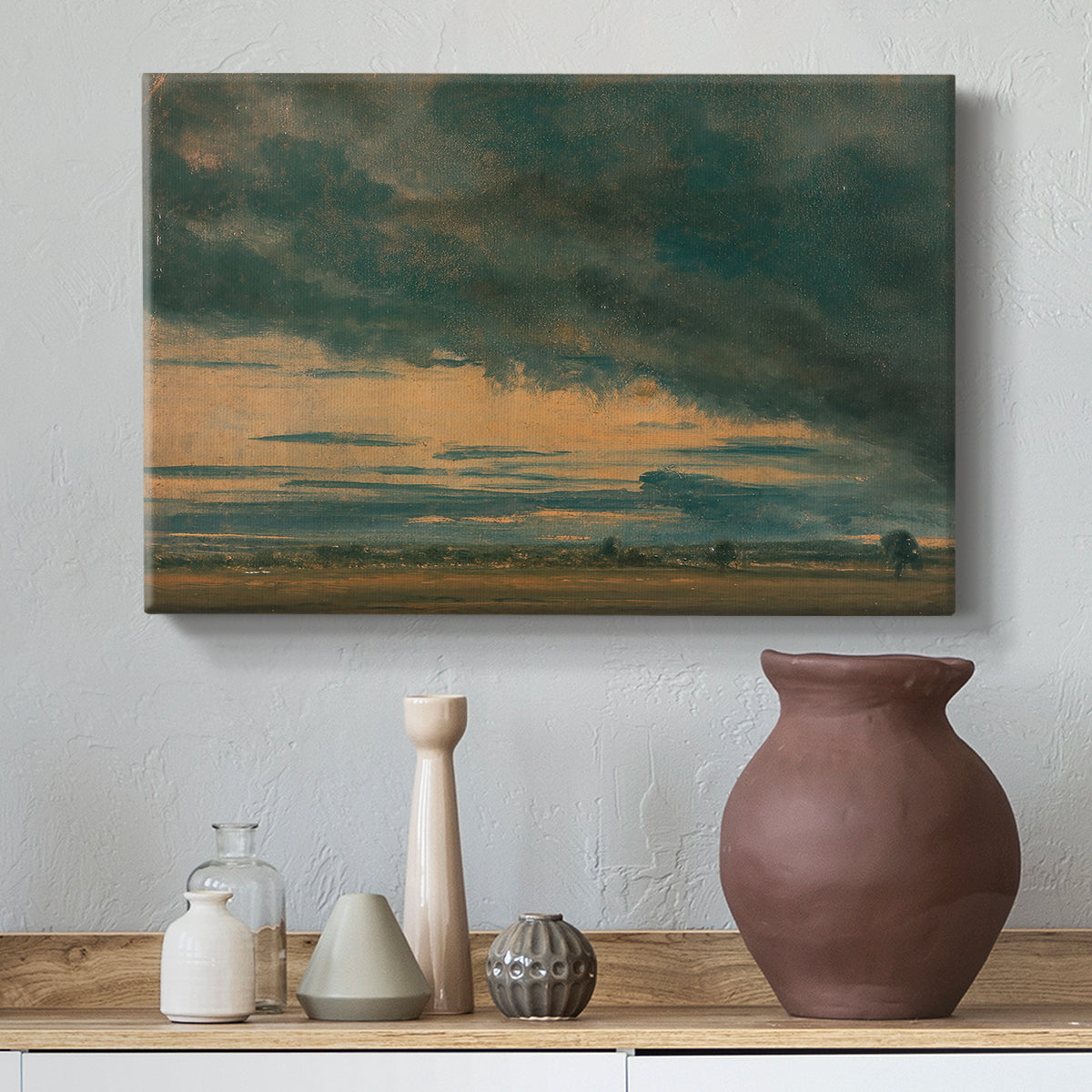 Canvas art print featuring an expressive sky composition, styled above a decorative console