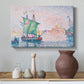 Canvas art print featuring a pointillist Venice view, styled above a decorative console
