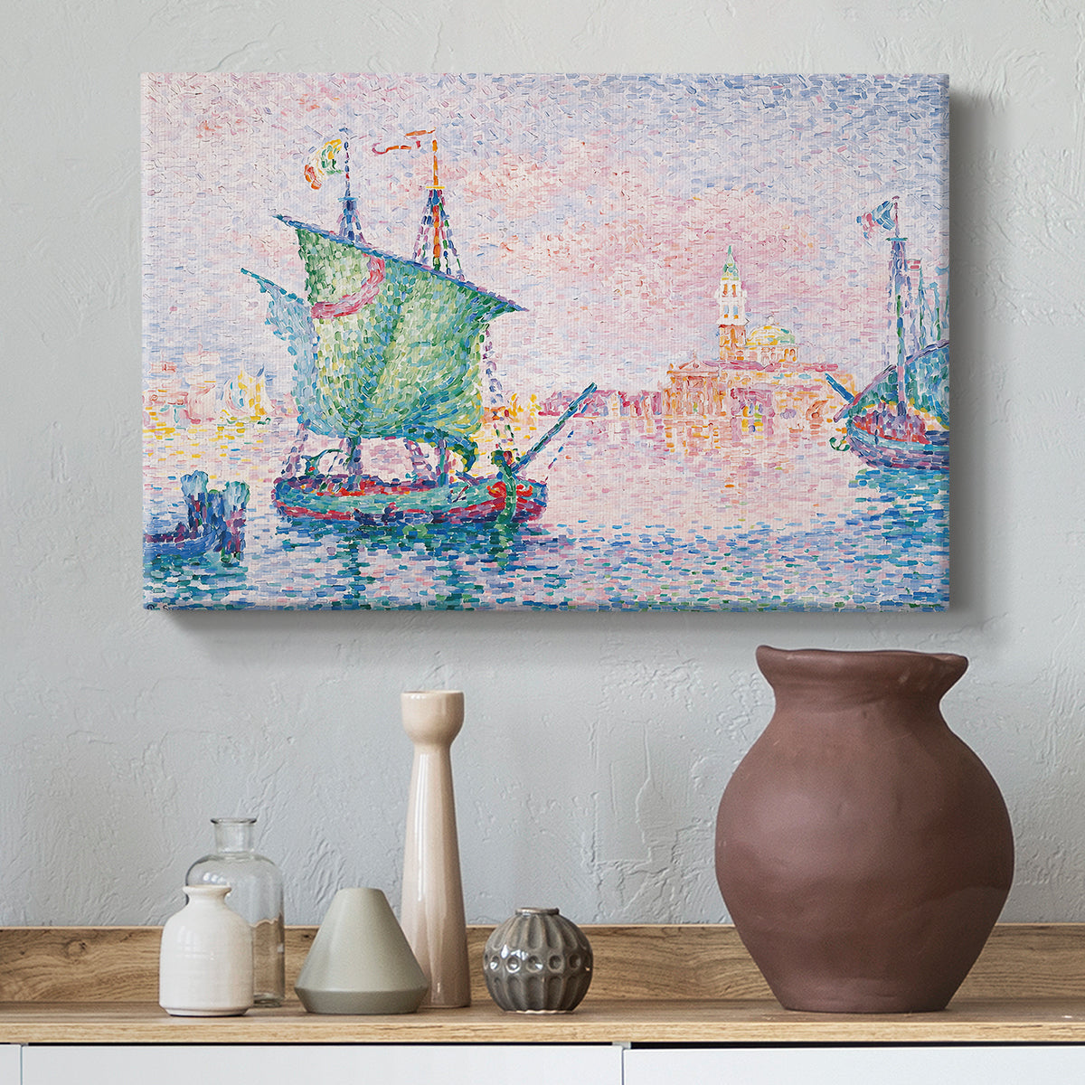 Canvas art print featuring a pointillist Venice view, styled above a decorative console