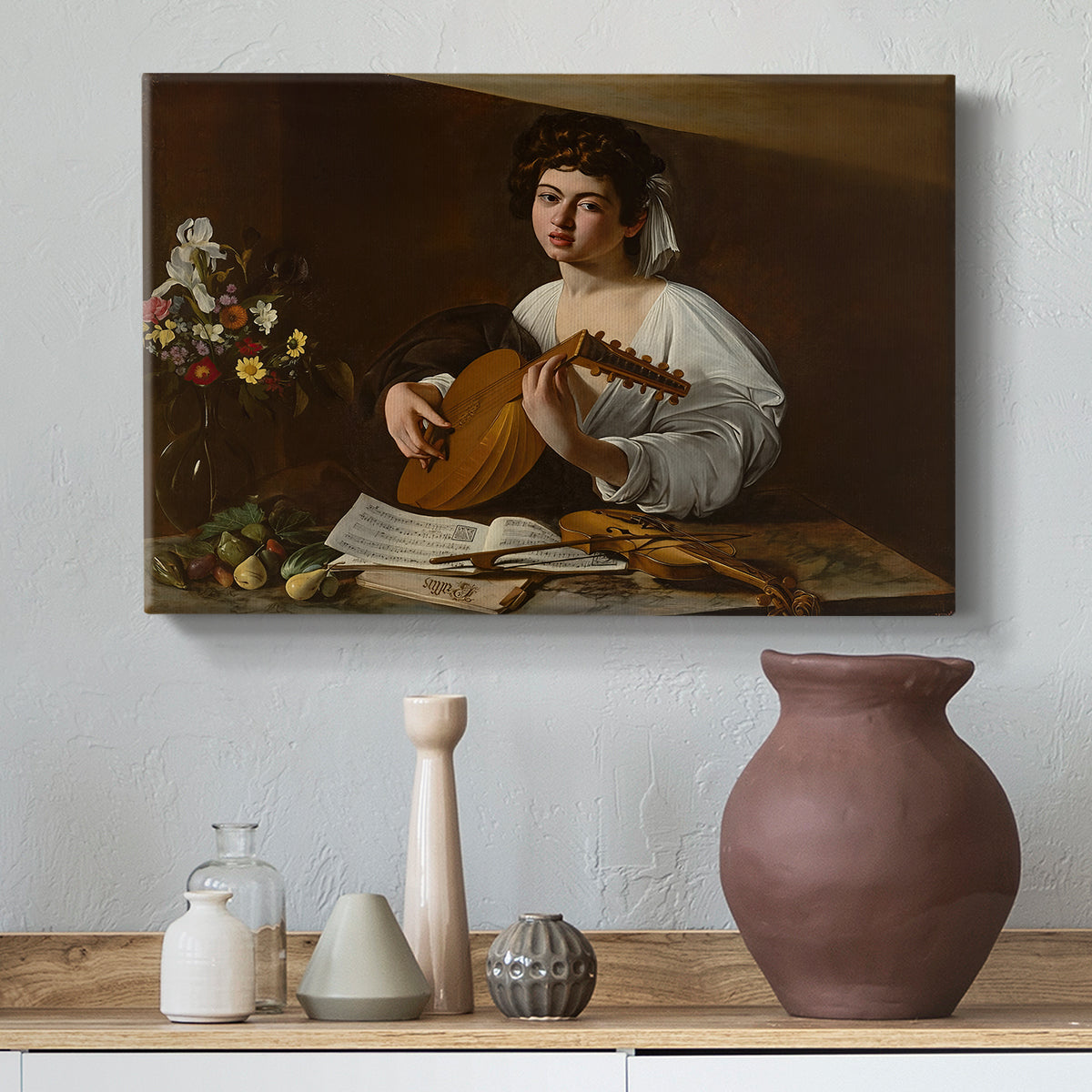 Canvas art print featuring an intimate musical scene with instrument and decorative objects, styled above a decorative console