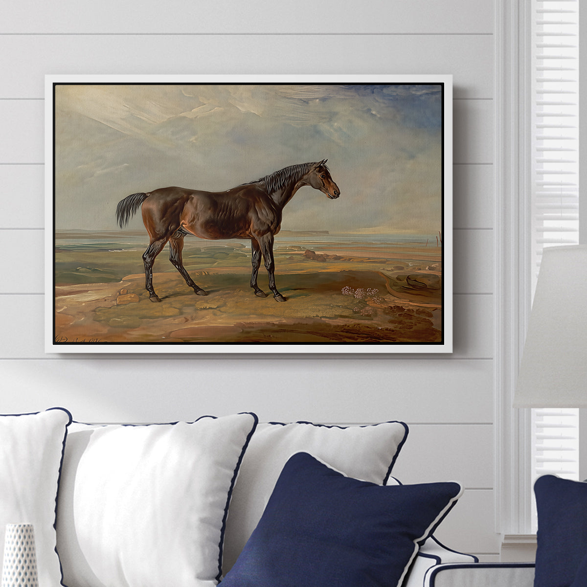 Dr. Syntax, a Bay Racehorse, Standing in a Coastal Landscape, an Estuary Beyond, c. 1820 - Floater Framed Canvas Print
