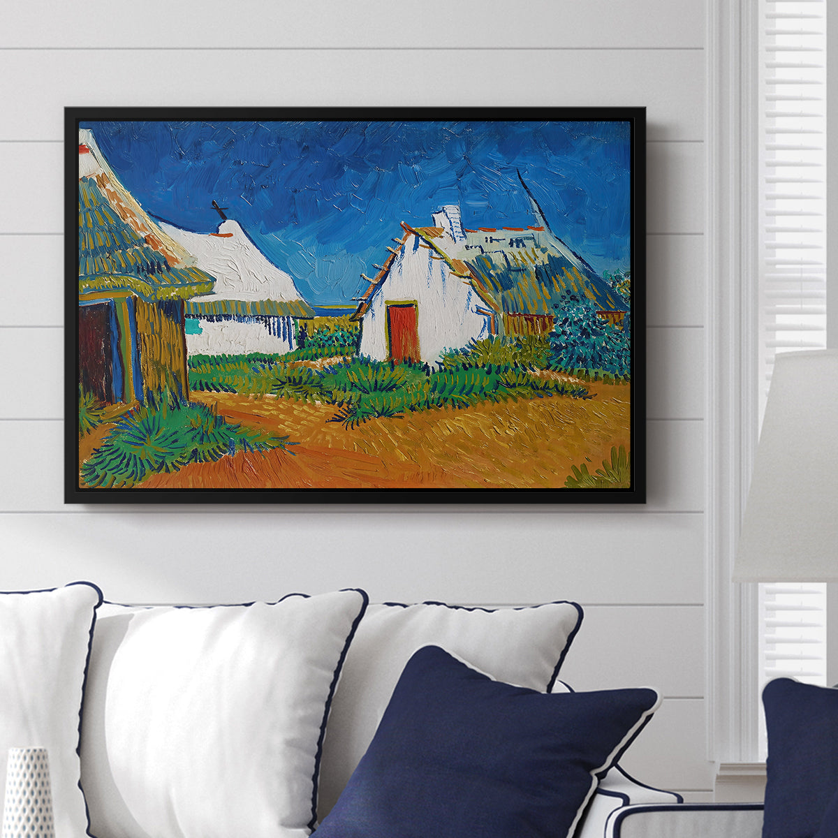 Three White Cottages at Saintes-Maries, 1888 - Floater Framed Canvas Print