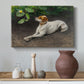 Canvas art print featuring an animal painting of dog stretched out on earthy terrain, styled above a decorative console