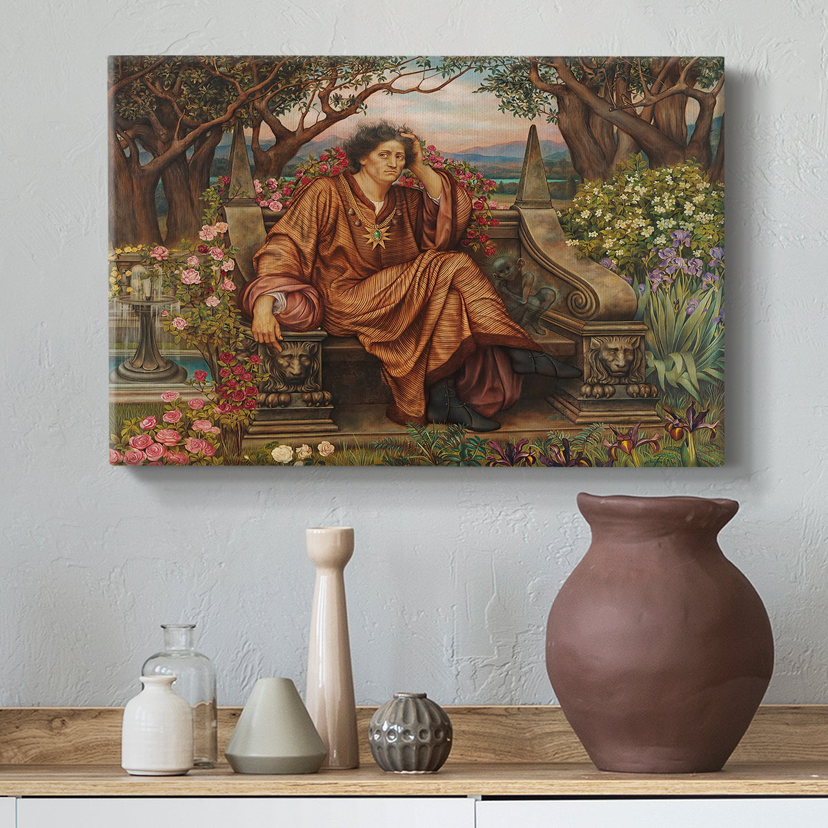 Canvas art print featuring a symbolic depiction of soul in anguish amid chaotic forms, styled above a decorative console