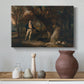 Canvas art print featuring a rural composition featuring hunter and animals, styled above a decorative console