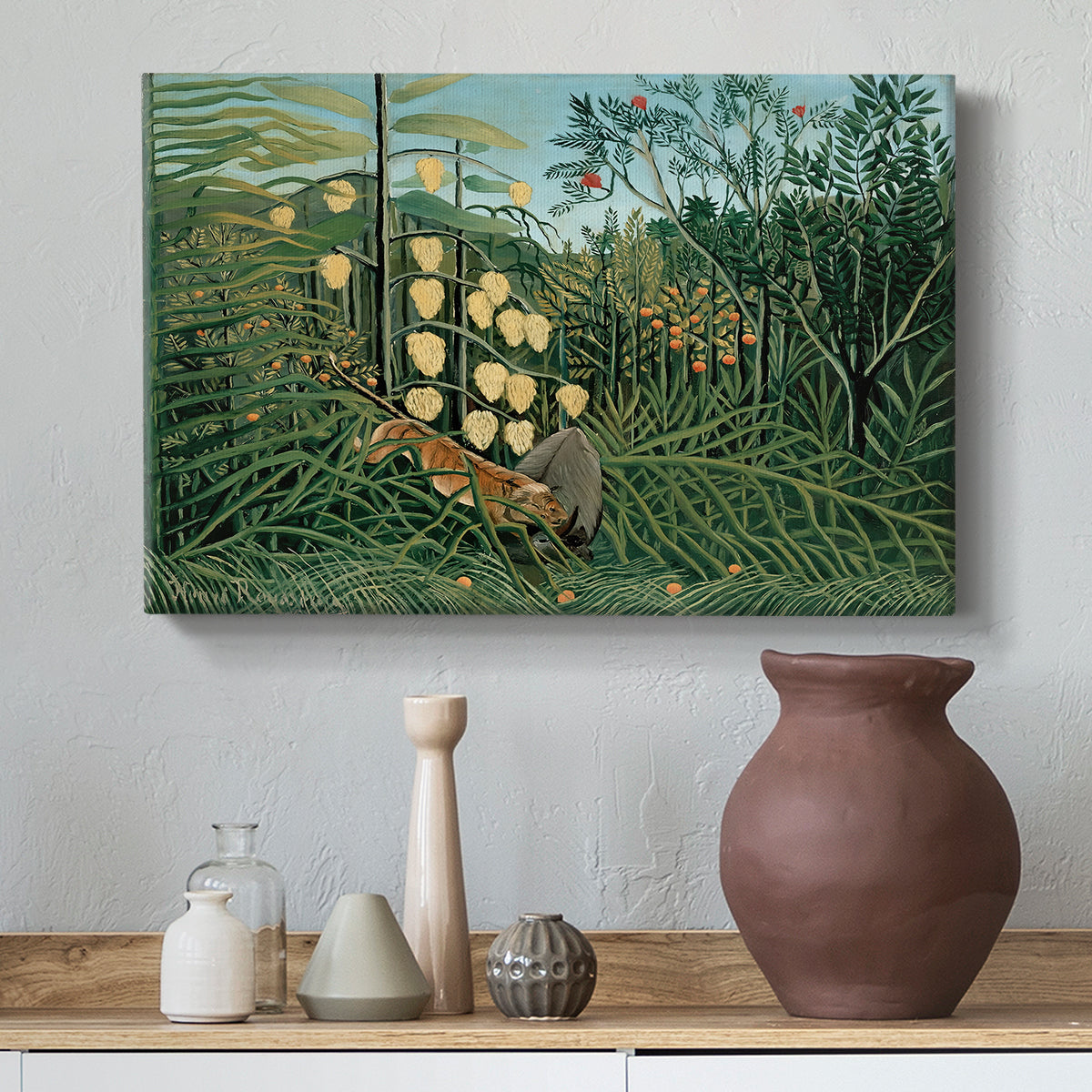 Canvas art print featuring a predator and prey locked in motion among plants, styled above a decorative console