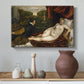 Canvas art print featuring a sensual composition combining nude figure, instrument, and domestic animal, styled above a decorative console