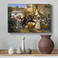 Canvas art print featuring a scene showing communal dining and conversation, styled above a decorative console