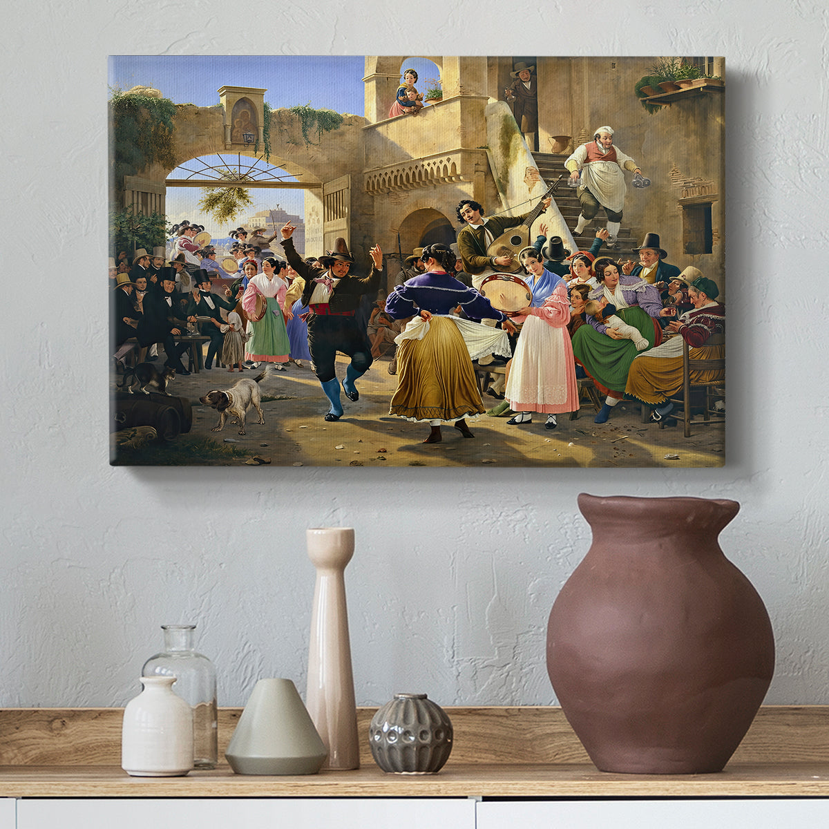 Canvas art print featuring a scene showing communal dining and conversation, styled above a decorative console