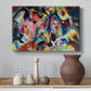 Canvas art print featuring a dynamic composition emphasizing intensity and visual disorder, styled above a decorative console