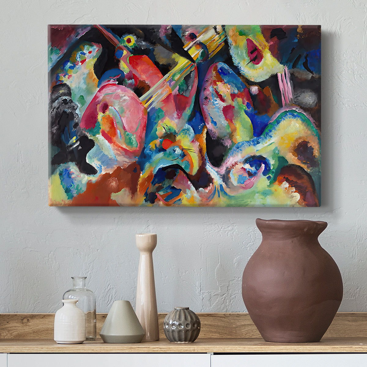 Canvas art print featuring a dynamic composition emphasizing intensity and visual disorder, styled above a decorative console