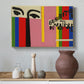 Canvas art print featuring a minimalist design with geometric arrangement and text elements, styled above a decorative console