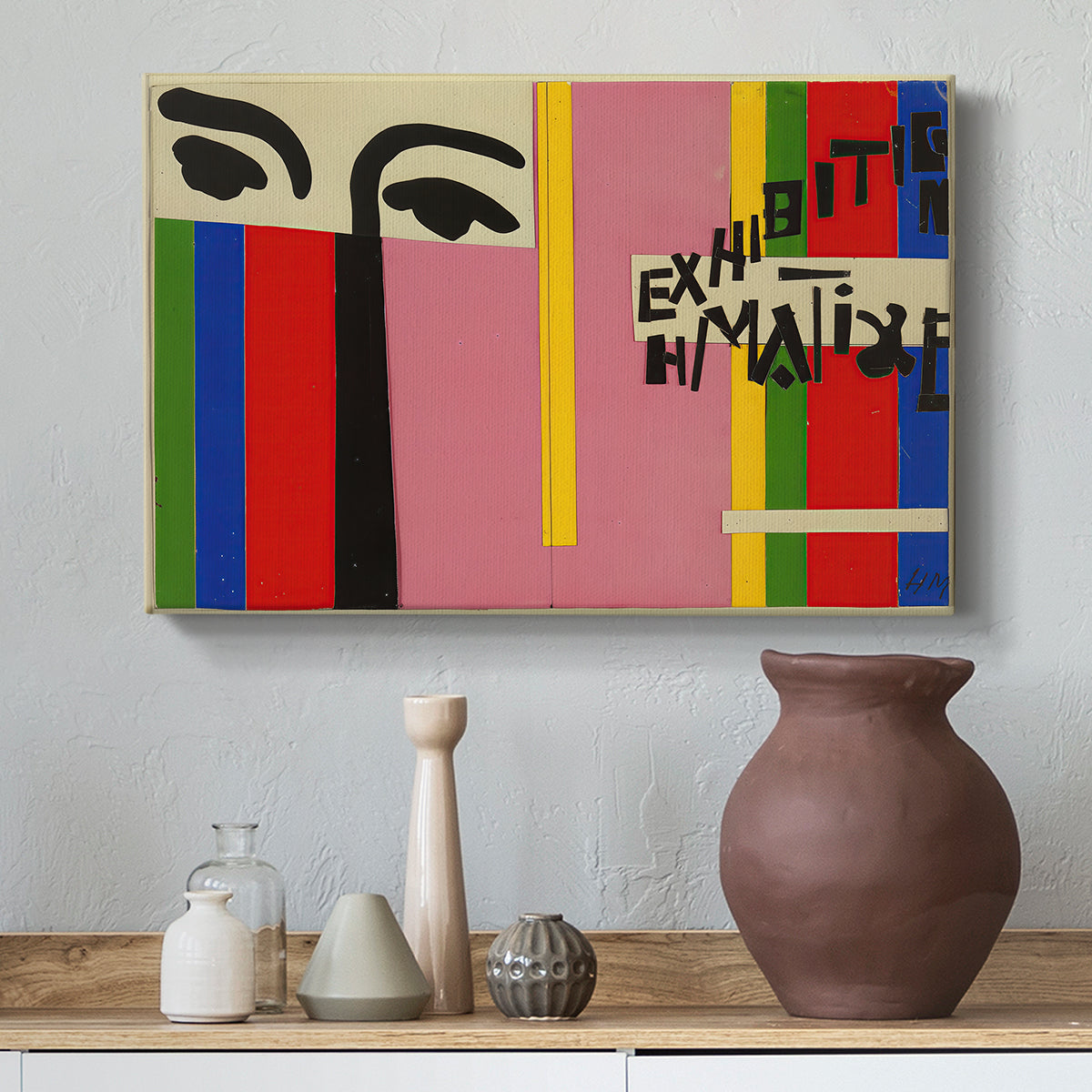 Canvas art print featuring a minimalist design with geometric arrangement and text elements, styled above a decorative console