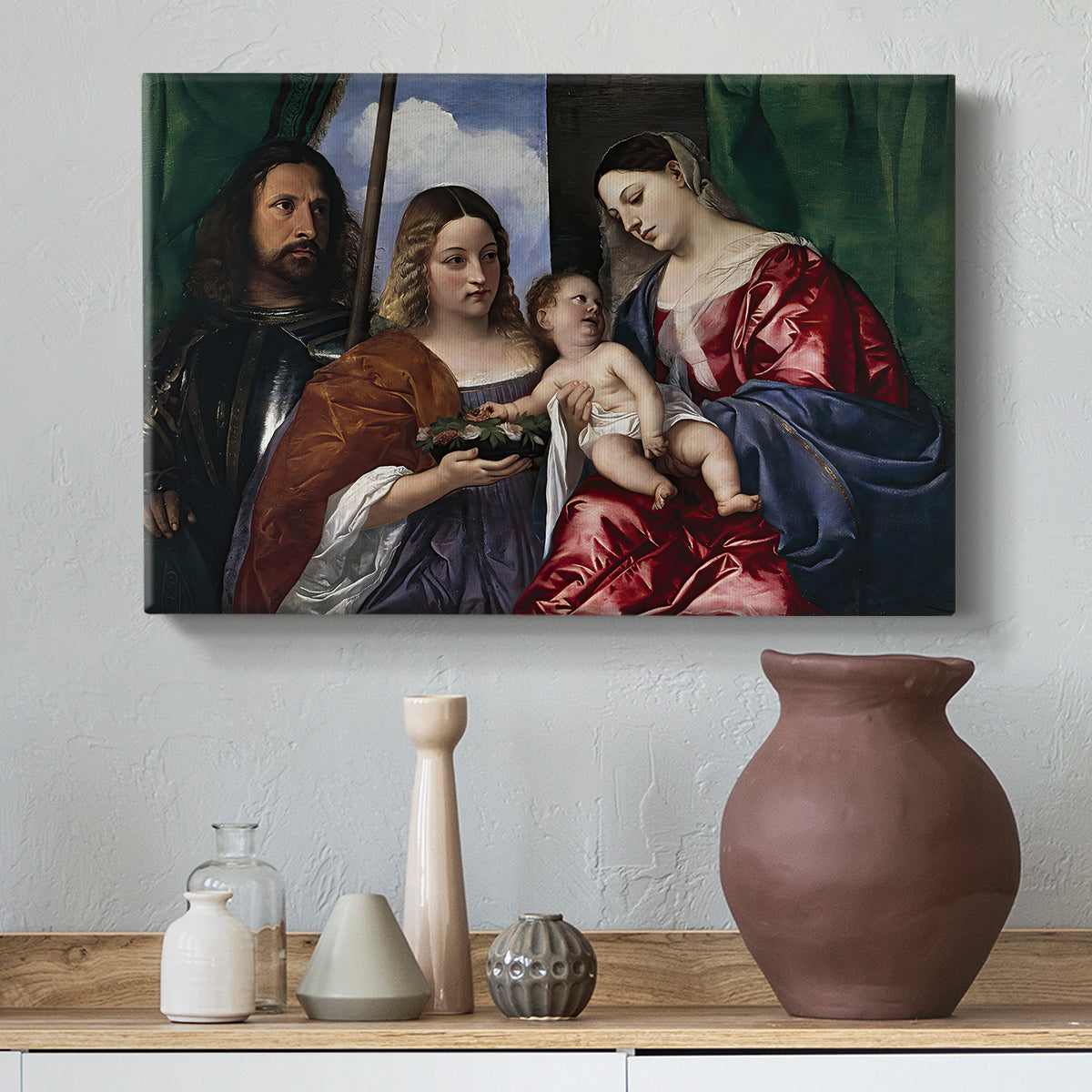 Canvas art print featuring a Renaissance devotional composition with richly dressed saints, styled above a decorative console