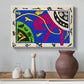 Canvas art print featuring an expressive abstract scene with symbolic circus-like figures, styled above a decorative console