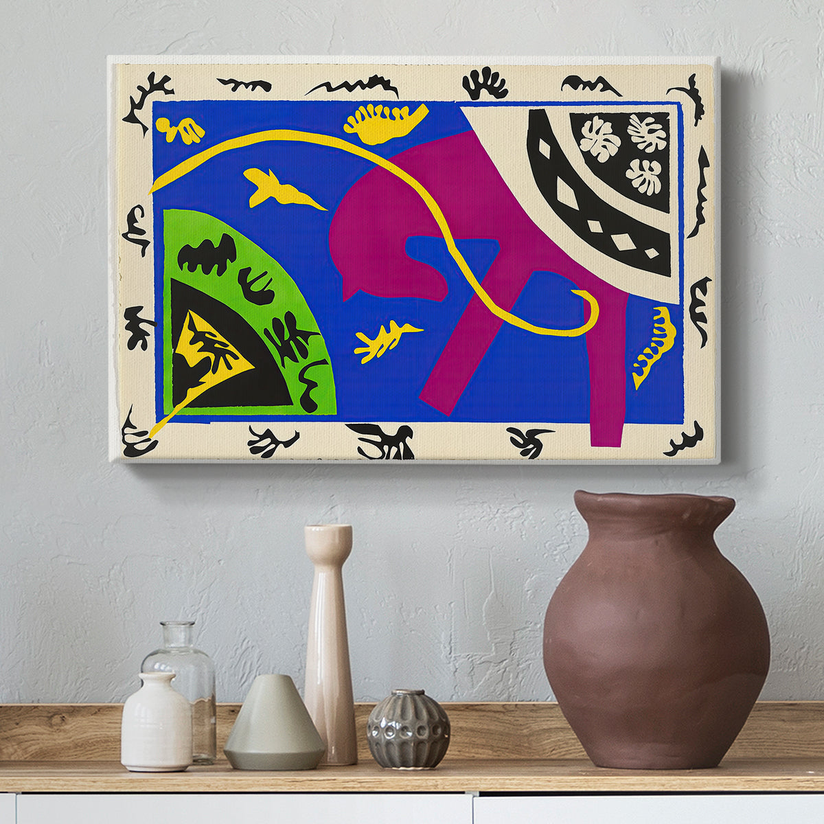Canvas art print featuring an expressive abstract scene with symbolic circus-like figures, styled above a decorative console