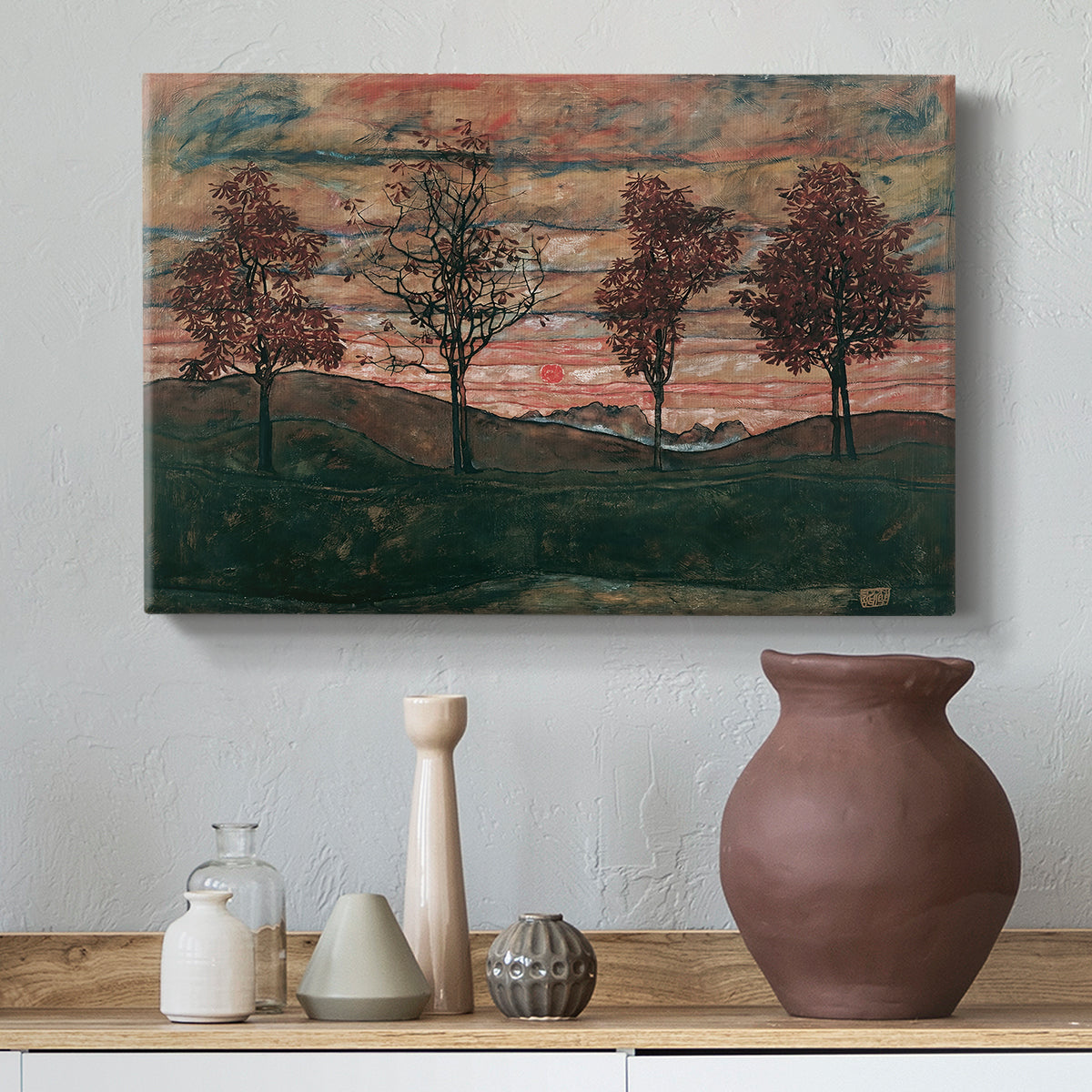 Canvas art print featuring a stylized nature scene with strong outlines and simple composition, styled above a decorative console