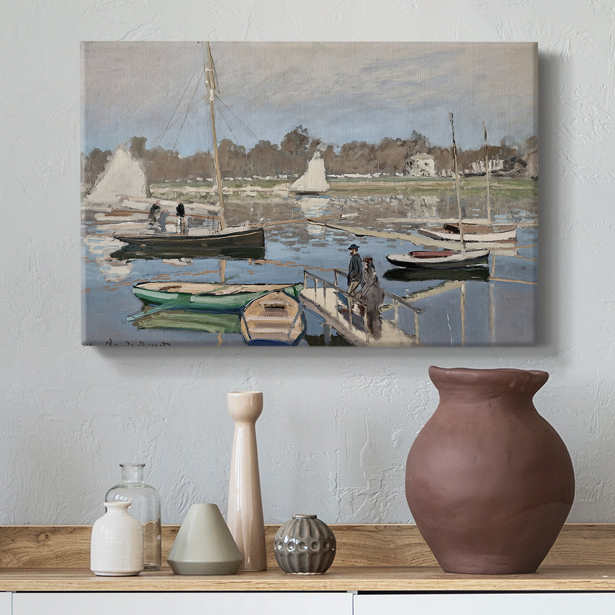 Canvas art print featuring a harbor basin filled with boats under soft sky, styled above a decorative console
