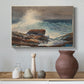 Canvas art print featuring a beach composition with tide movement and structures, styled above a decorative console