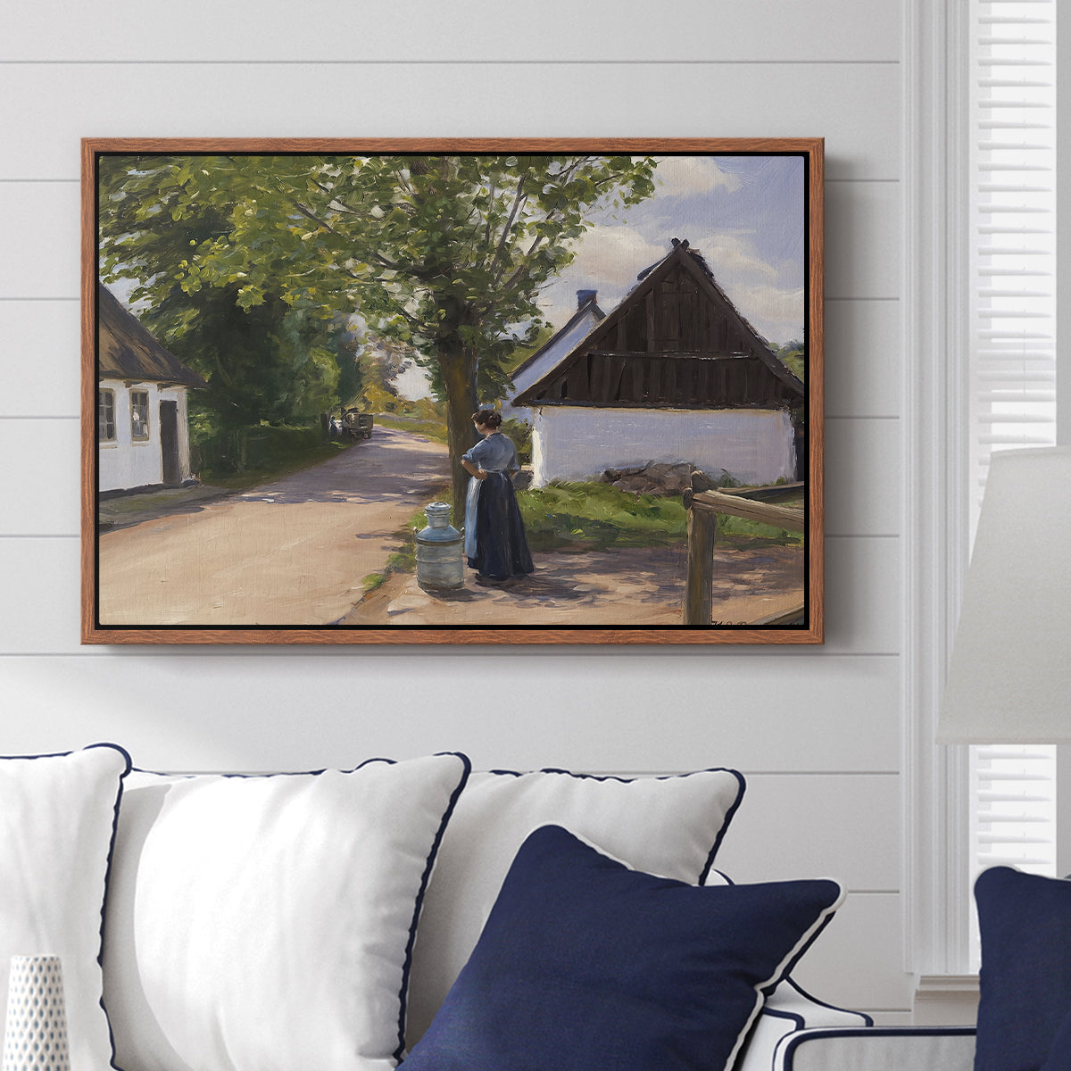 Danish Village Street with Woman and Milkman, 1880 - Floater Framed Canvas Print