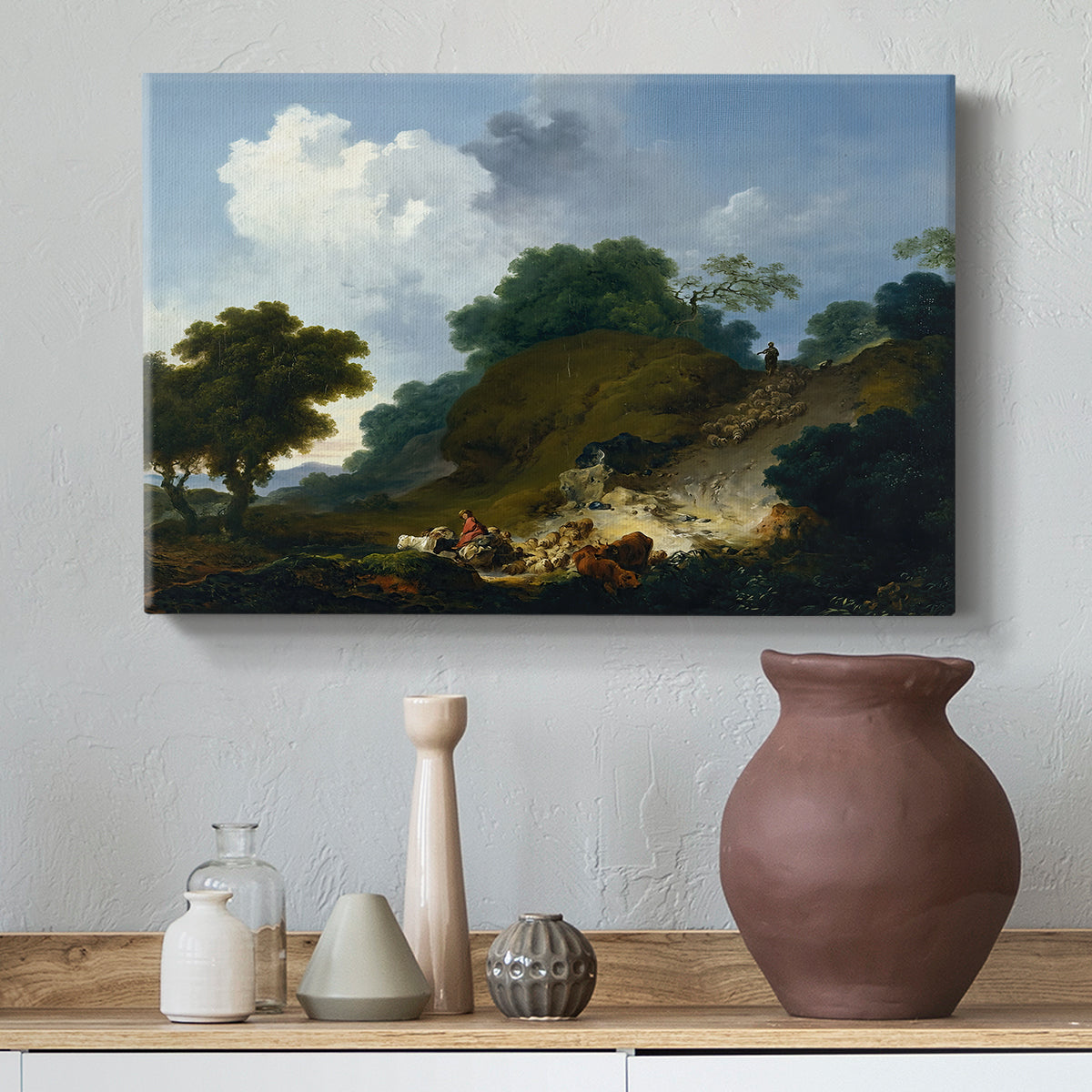 Canvas art print featuring a Rococo landscape with sheep across field, styled above a decorative console