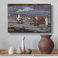 Canvas art print featuring an expressive composition combining road, figures, and terrain, styled above a decorative console